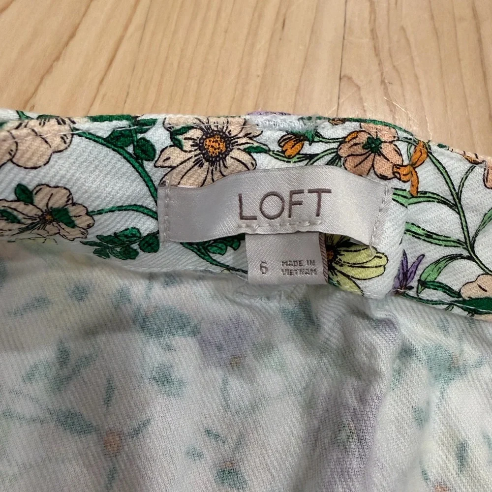 LOFT White Floral Drawstring Mini Skirt with Green, Purple & Orange Accents